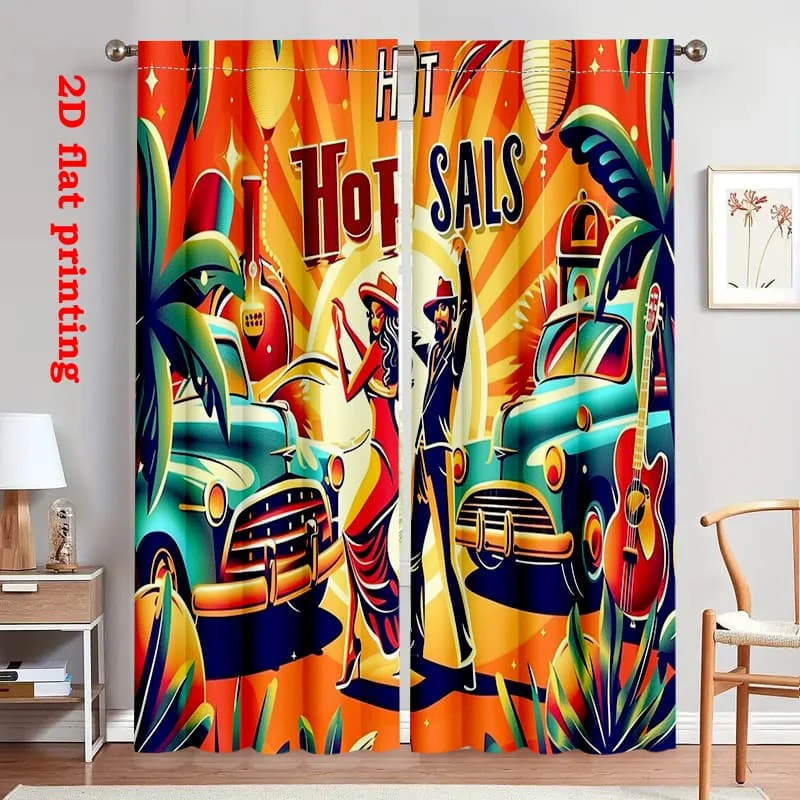 Vintage Hot Salsa Curtain Retro Latin Dance Classic Car Print Drape, Colorful Music Party Window Treatment for Living Room Decor