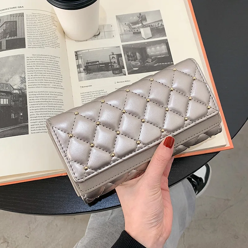 Fashion Studded Women\'s Wallet with Plaid Pattern Solid Color Large Capacity Diamond Grid Purses for Women