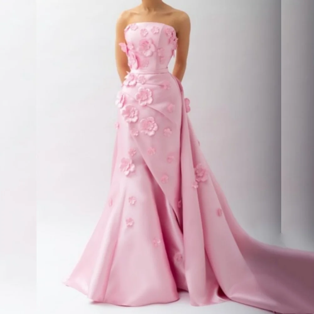 

Customized Elegant Exquisite Charmeuse Flower Pleat Trumpet Strapless Long Dresses Bespoke Occasion Simple