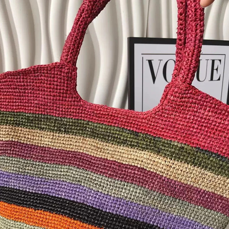 Bohemian Beach Straw Tote bags For Women Luxury Designer Handbags Purses 2026 New In Colorful Striped Pattern Underarm Shoulder