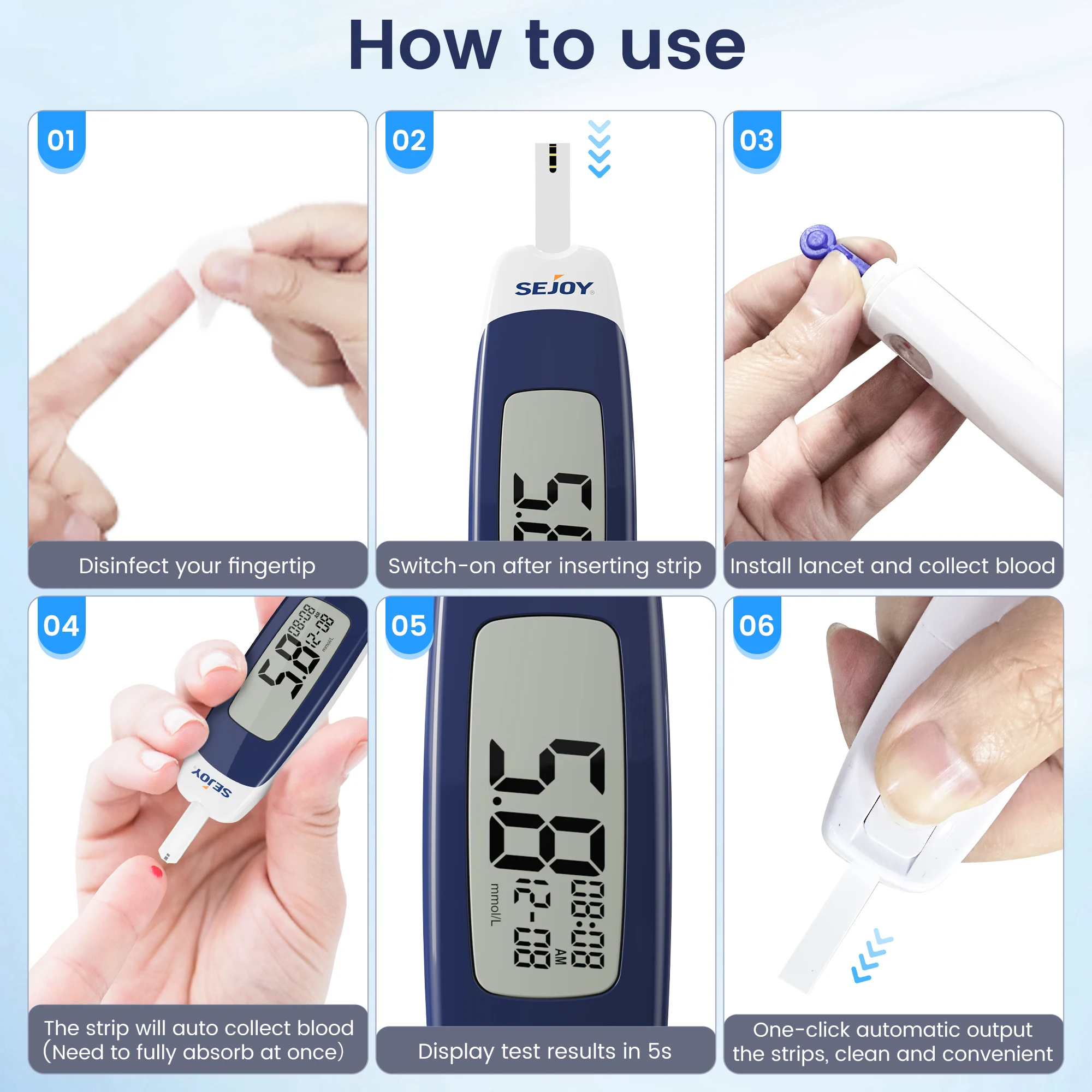 Sejoy BG-203 Blutzuckermessgerät-Set, 50 Stück Teststreifen, Lanzetten für Diabetes-Monitor, digitales Blutzuckermessgerät, Teststreifen werden separat verkauft – Detail 12