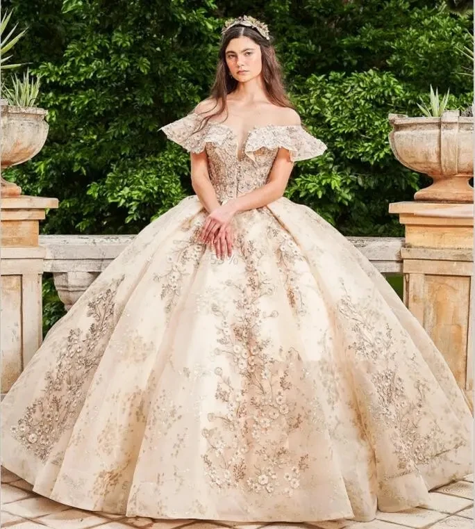 Vestidos de Quinceañera de Charro champán, vestido de baile, Scoop, tul, Apliques de encaje, dulce mexicano, 16 vestidos, 15 años