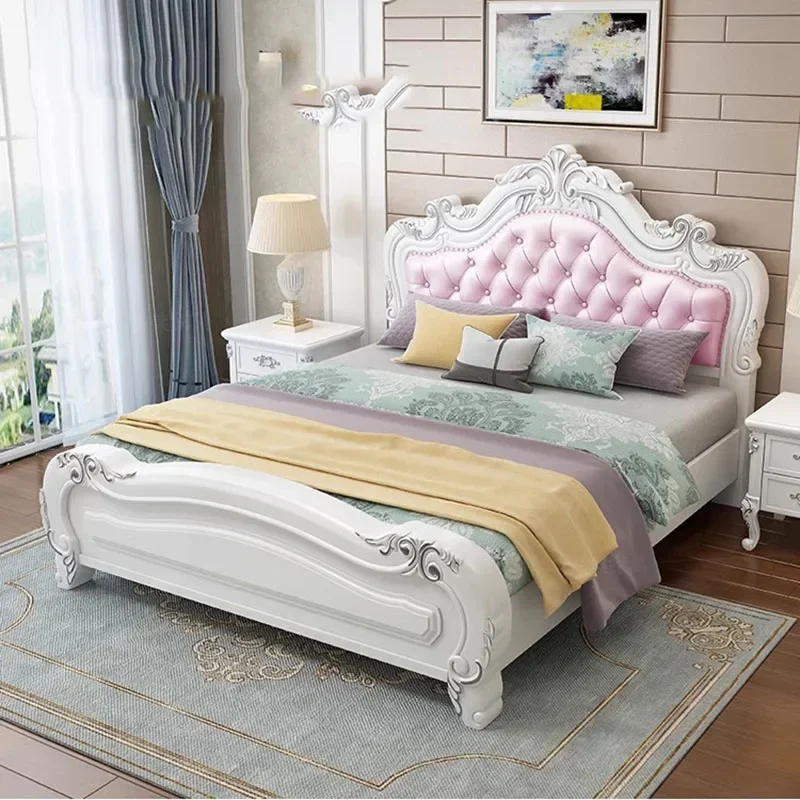 

Queen European Bed Double Royal Wood High Bed End Headboard Frame Double Modern Sleeping Lit Deux Place bedroom decoration