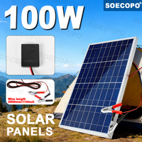 100W Solar Panel with Battery Clips 18V Glass Portable Solar Charger Directly Charge 12V Car/RV/Boat Battery/Power Stations