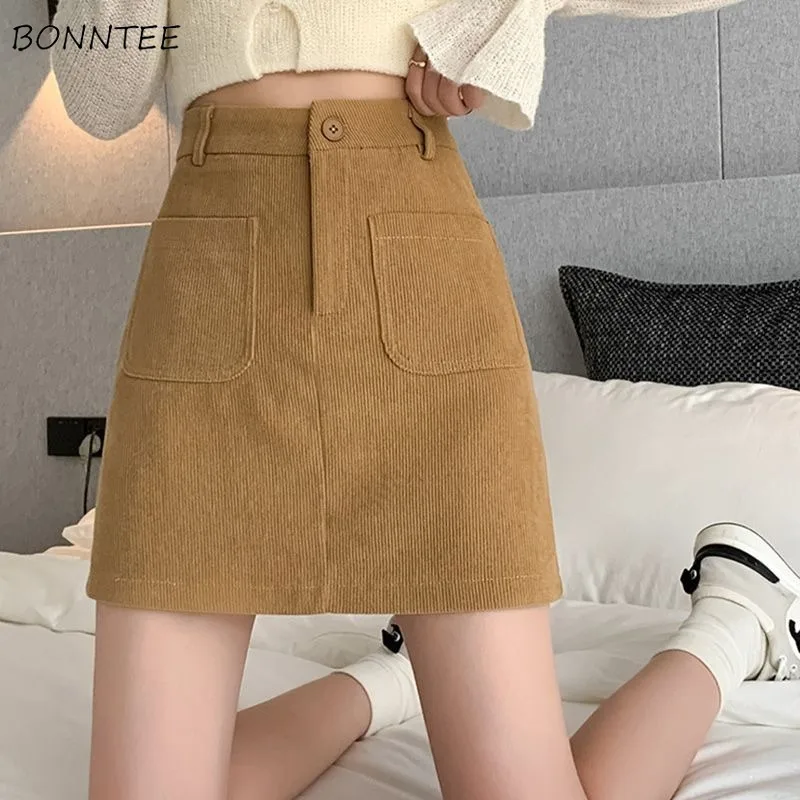 

Corduroy A-line Mini Skirts Women Chic Elegant High Waist Hip Wrap All-match Autumn Winter Ulzzang Causal Solid Pockets Female