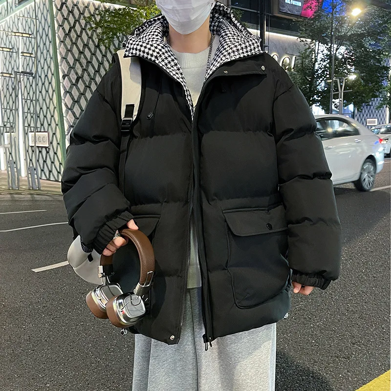 Men Cargo Jacket Winter New Plaid Patchwork Hooded Male Down Coat Fashion Long Sleeve Pocket Zipper Versatile Man Outerwear