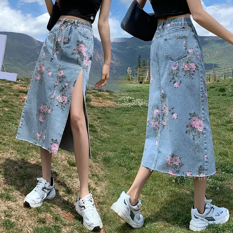 

Streetwear Vintage Flowers Print Long Denim Skirts Summer 2022 High Waist Slim Sexy Open Split Straight Skirt Jeans Saias Female