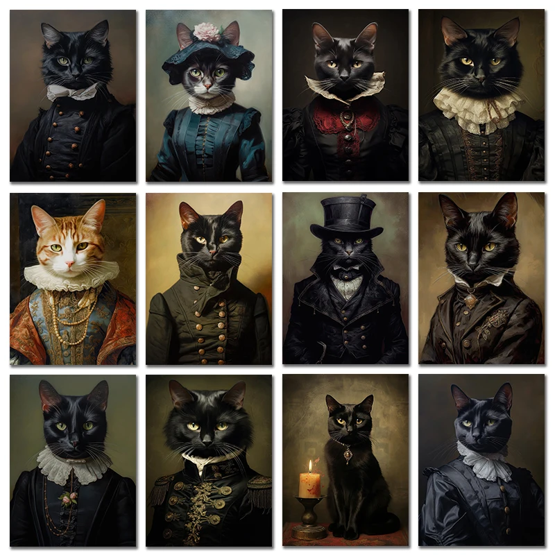 Vintage Renaissance Cat Portrait Black Cat Victorian Gothic Poster Canvas Painting Wall Art for Living Room Home Decor Frameless