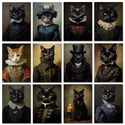 Vintage Renaissance Cat Portrait Black Cat Victorian Gothic Poster Canvas Painting Wall Art for Living Room Home Decor Frameless