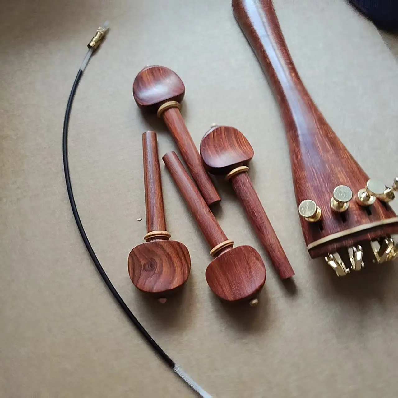 rose-wood-cello-fitting-4-4-with-boxwood-collar-and-4-pcs-gold-color-cello-fine-tuners-and-1-nylon-tail-gut