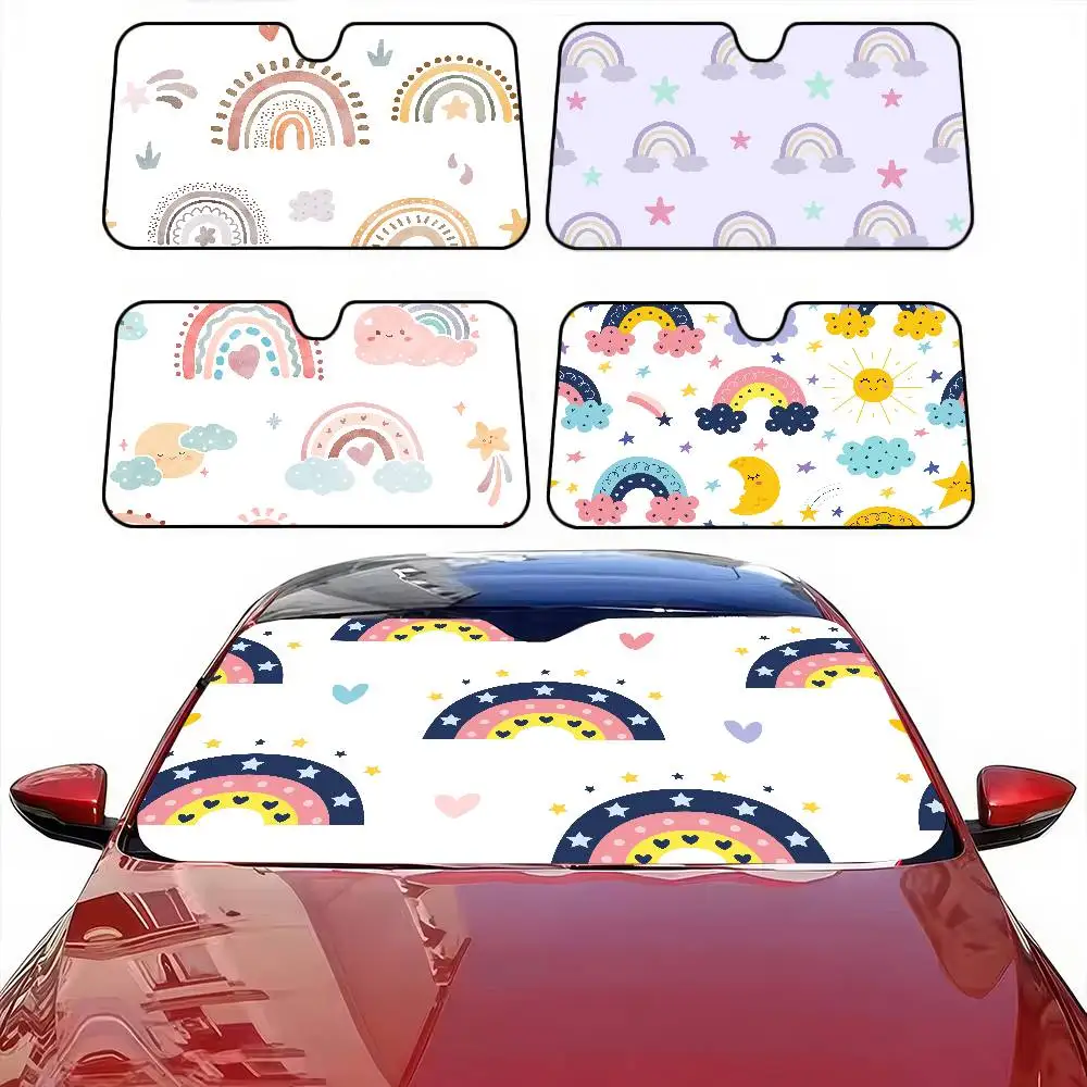 

Cartoon Rainbow Print Car Windshield Sunshade - UV Reflector, Custom Universal Design, Foldable Summer Shield