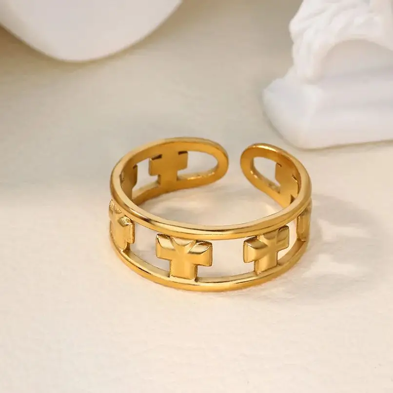 

Vintage Geometric Cross Rings For Women 18K Gold Plated Stainless Steel Cross Adjustable Ring Wedding Christmas Jewelry Gift