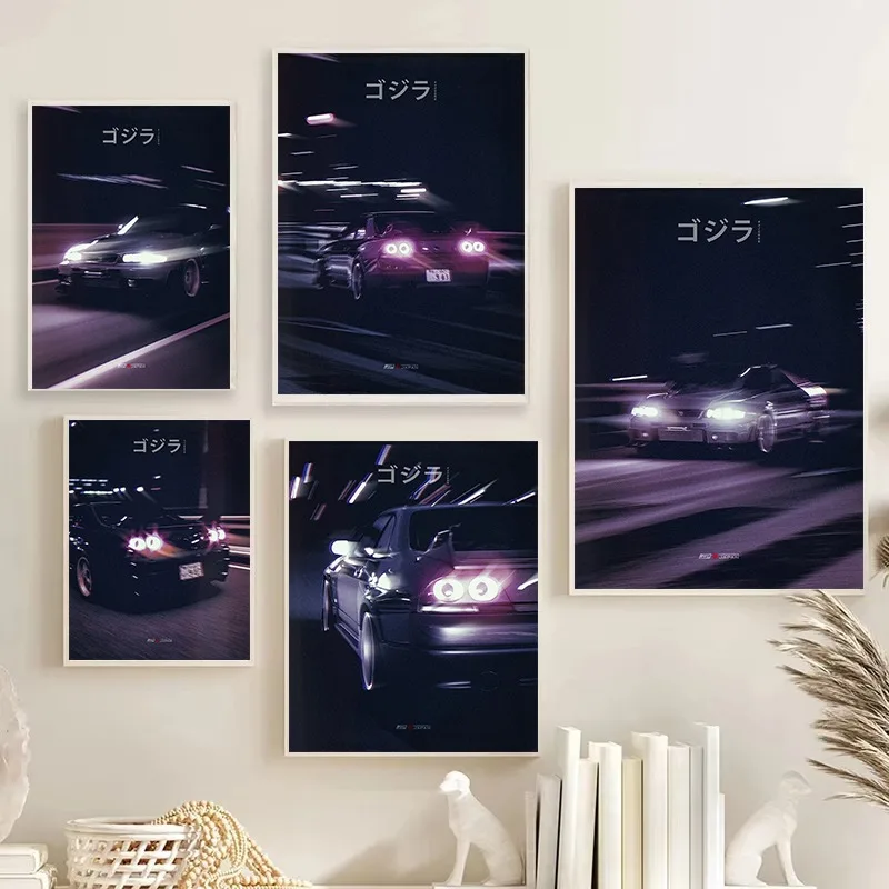 Póster de la Cultura Automovilística Japonesa Subterránea, Escena Nocturna Vintage con Luces de Coche, Impresión en Lienzo, Arte de Pared, Decoración para Dormitorio y Sala de Estar