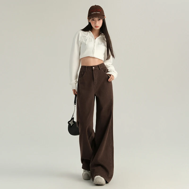 Jeans Dames Winter Wijde pijpen Losse hoge taille broek Dames Bruine pluche broek Dames Winter