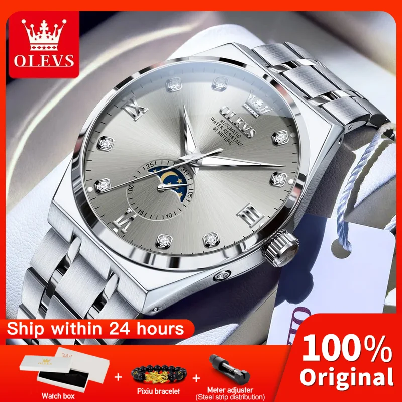 OLEVS 7069 Mens Watch Luxury Original Business Automatic Mechanical Watches Waterproof Luminous Moon Phase Watch With Box Gifts