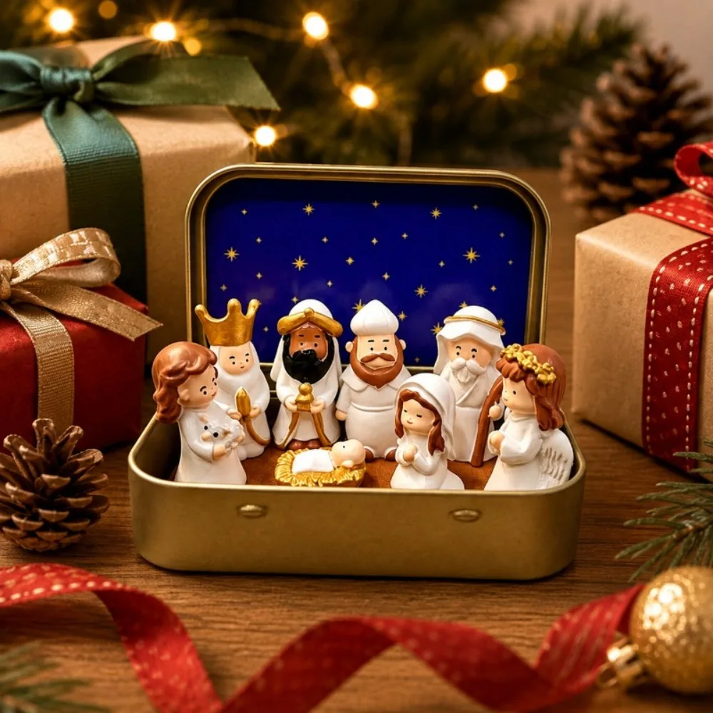 1-5 set di piccole statuette natalizie raffiguranti la nascita di Gesù, set portatile in scatola di metallo con decorazioni a tema della Sacra Famigli