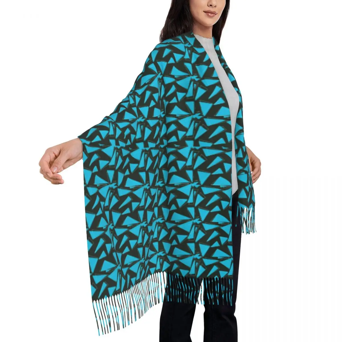 

Blue Geometric Scarf Unisex Abstract Triangle Print Scarves Wraps with Tassel Winter Luxury 2024 Shawls Wrap Keep Warm Foulard