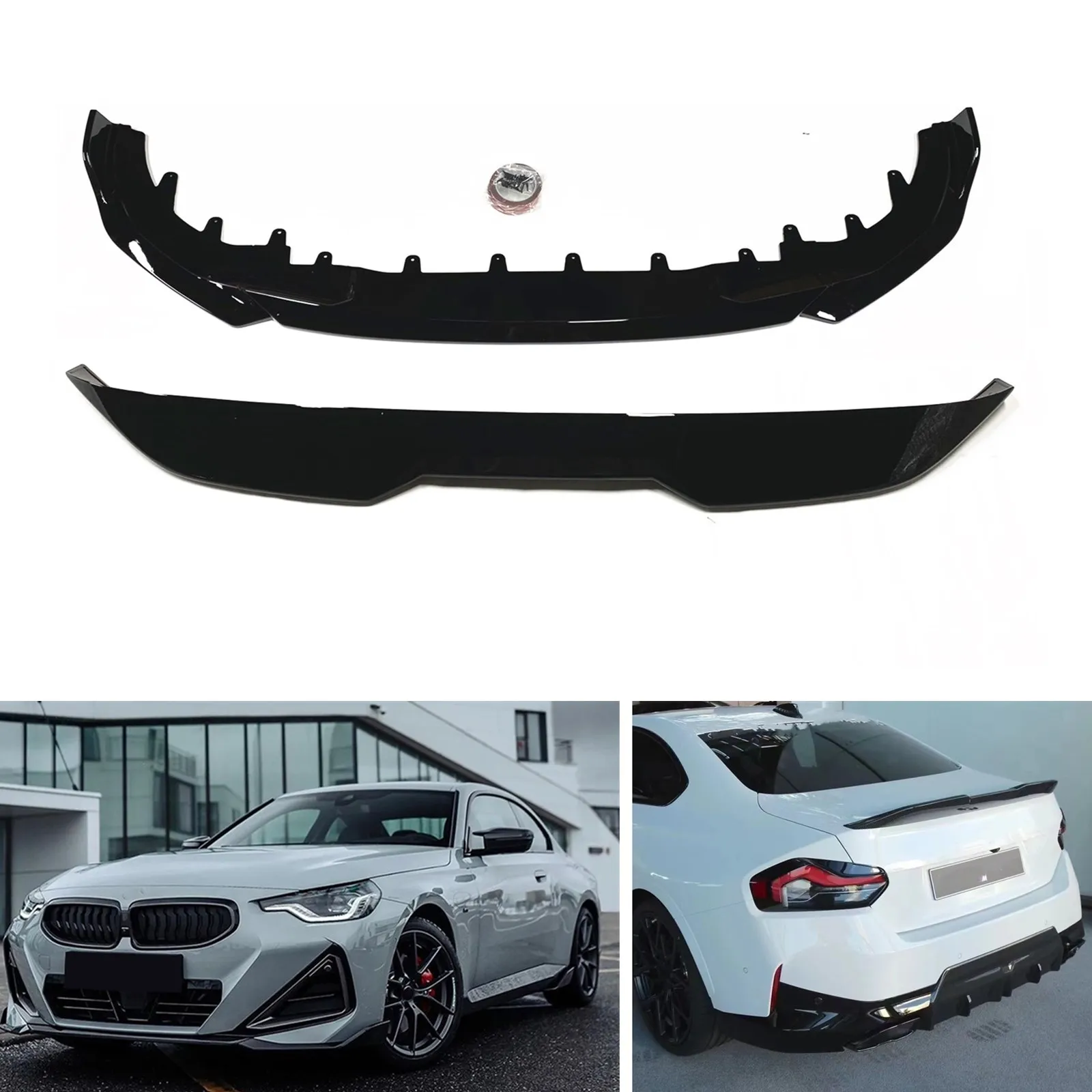 

Gloss Black Car Front Bumper Splitter Lip+Rear Trunk Lid Spoiler Wing For BMW 2 Series G42 Coupe 2022-2024 2 Door m235i m240i