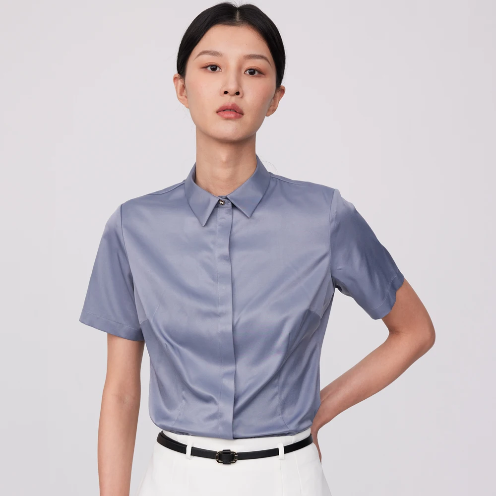 Office Lady Silk Touch Summer Short Sleeve Blouses Shirt Without Pocket Women's Concealed Buttoned Placket Casual Slim Shirts