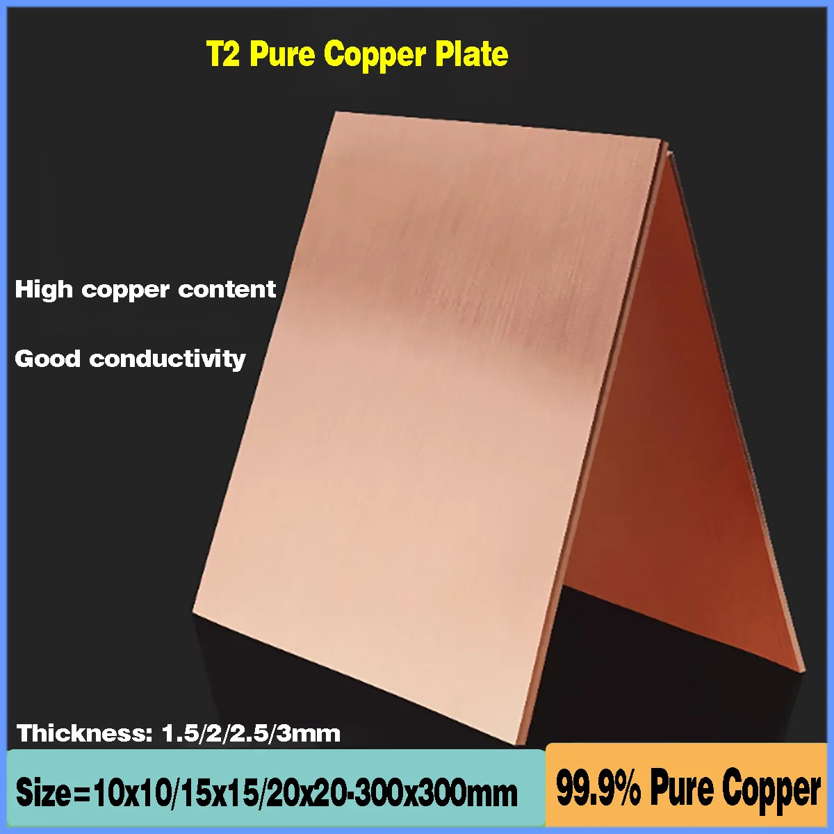 Thickness: 1.5/2/2.5/3mm 99.9% Copper Sheet T2 Copper Plate Pure Copper Cu Metal 100*100mm,200*200mm,300*300mm