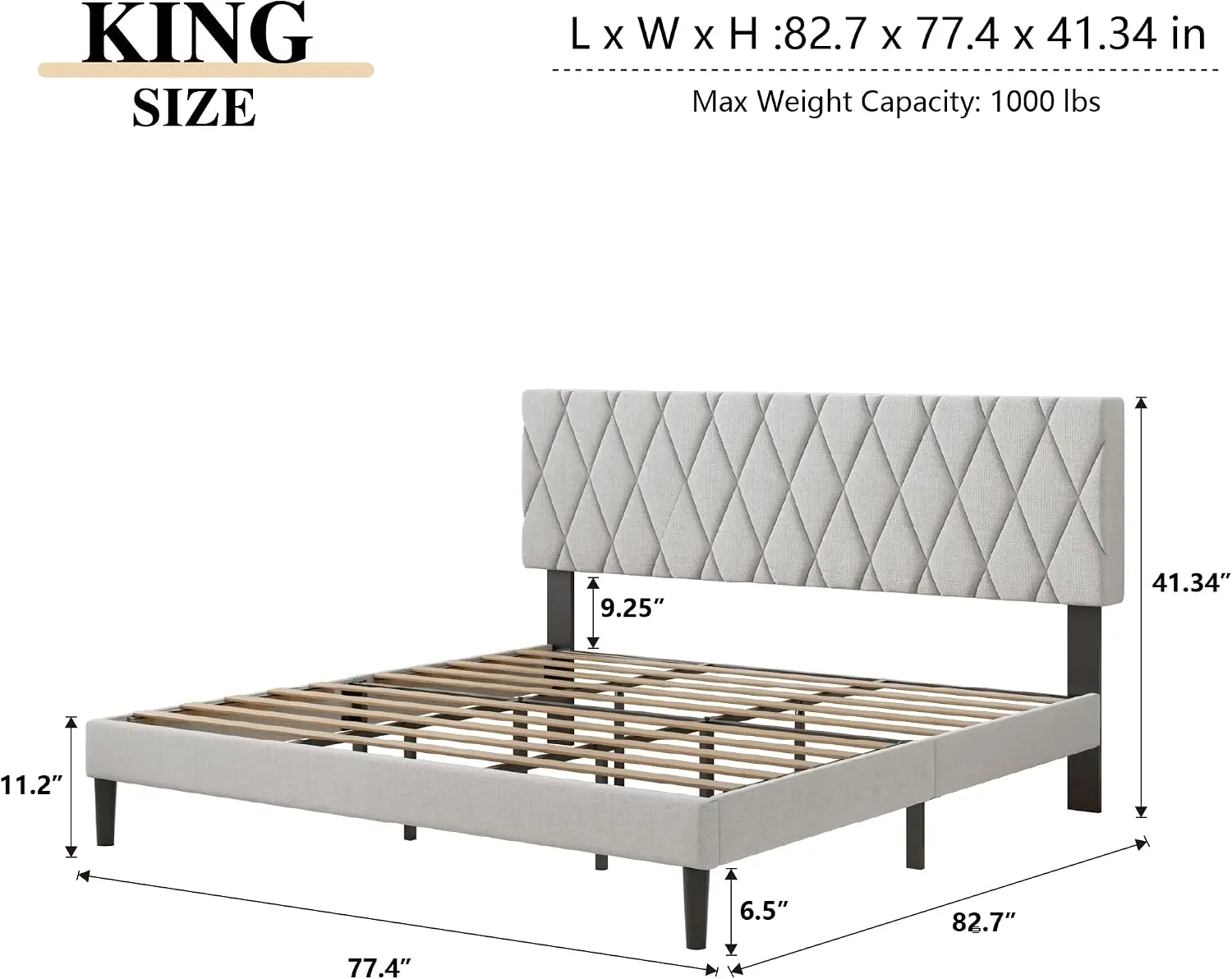King Size Bed Frame with Diamond Tufted Headboard, Linen Upholstered Platform Bed and Wooden Slat Support, Noise-Free, No Box