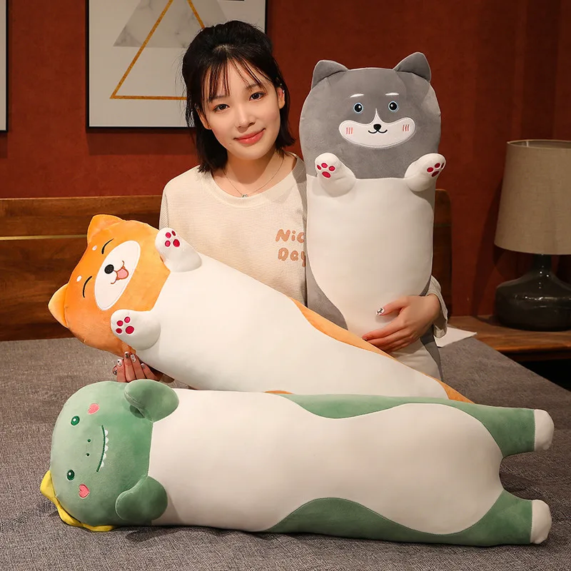 90/110cm Cartoon Dinosaur Shiba Inu Husky Dog Plush Toy Plush Cat Stuffed Animal Sleepping Long Pillow