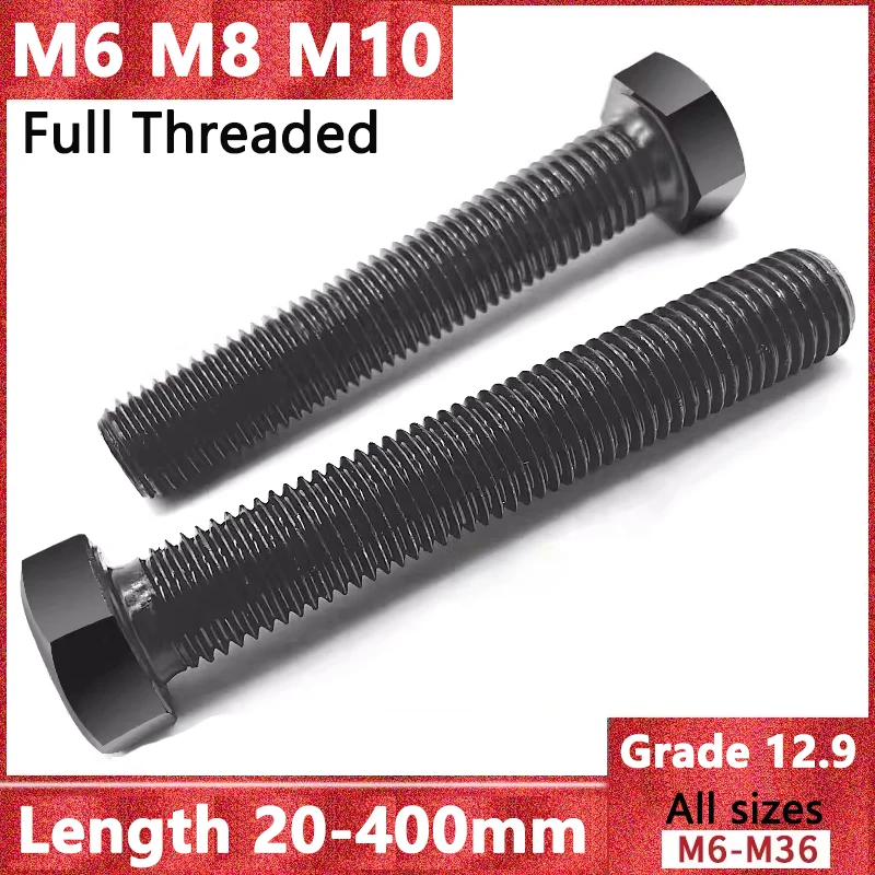 1-10pcs Ultra Long M6 M8 M10 Grade 12.9 Full Thread External Hex Hexagon Head Screws Bolt Length 20-180/200/250/300/350/400mm