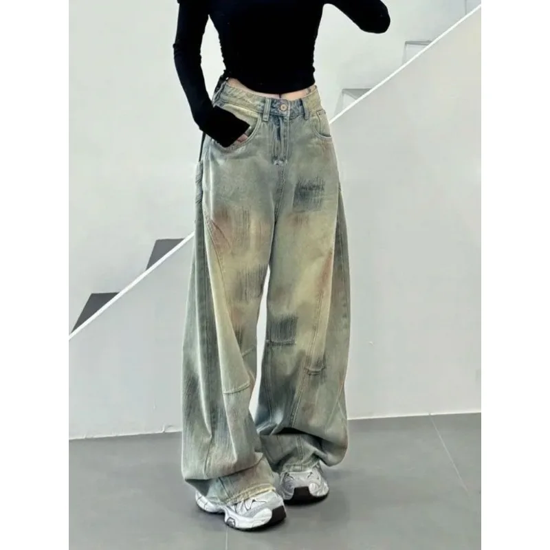 

Women Vintage Dirty Dyed High Waist Curved Wide Leg Denim Mopping Pants Street Casual Wear