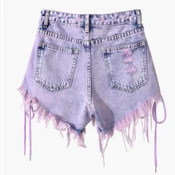 Pantaloncini di jeans con nappine viola pantaloncini di jeans con lacci pantaloncini caldi a gamba larga a vita alta con bordo grezzo a vita alta da donna