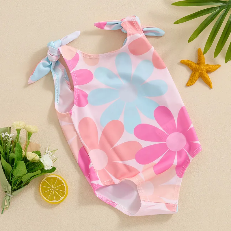 

Baby Girl Swimsuit Floral Print Sleeveless Knotted Shoulder Strap U-Neck Bathing Suit