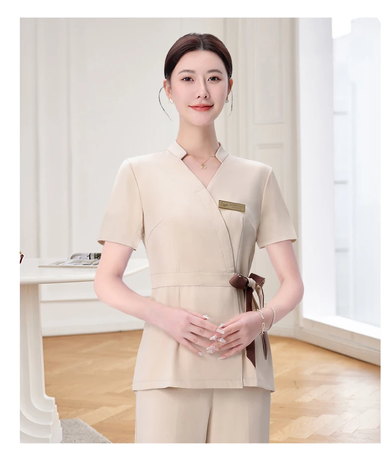 

2025 High Quality Uniformes Overalls Women's Khaki Top+Pants 2 Piece Set Hotel Staffs Work Wear Beauty Salon SPA Uniform Elegant