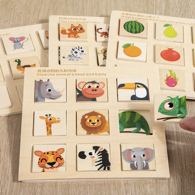 Wooden Logical Thinking Matching Puzzle Cognitive Board Montessori Teaching Aid Fruit Animal Pairing Board Educational toys