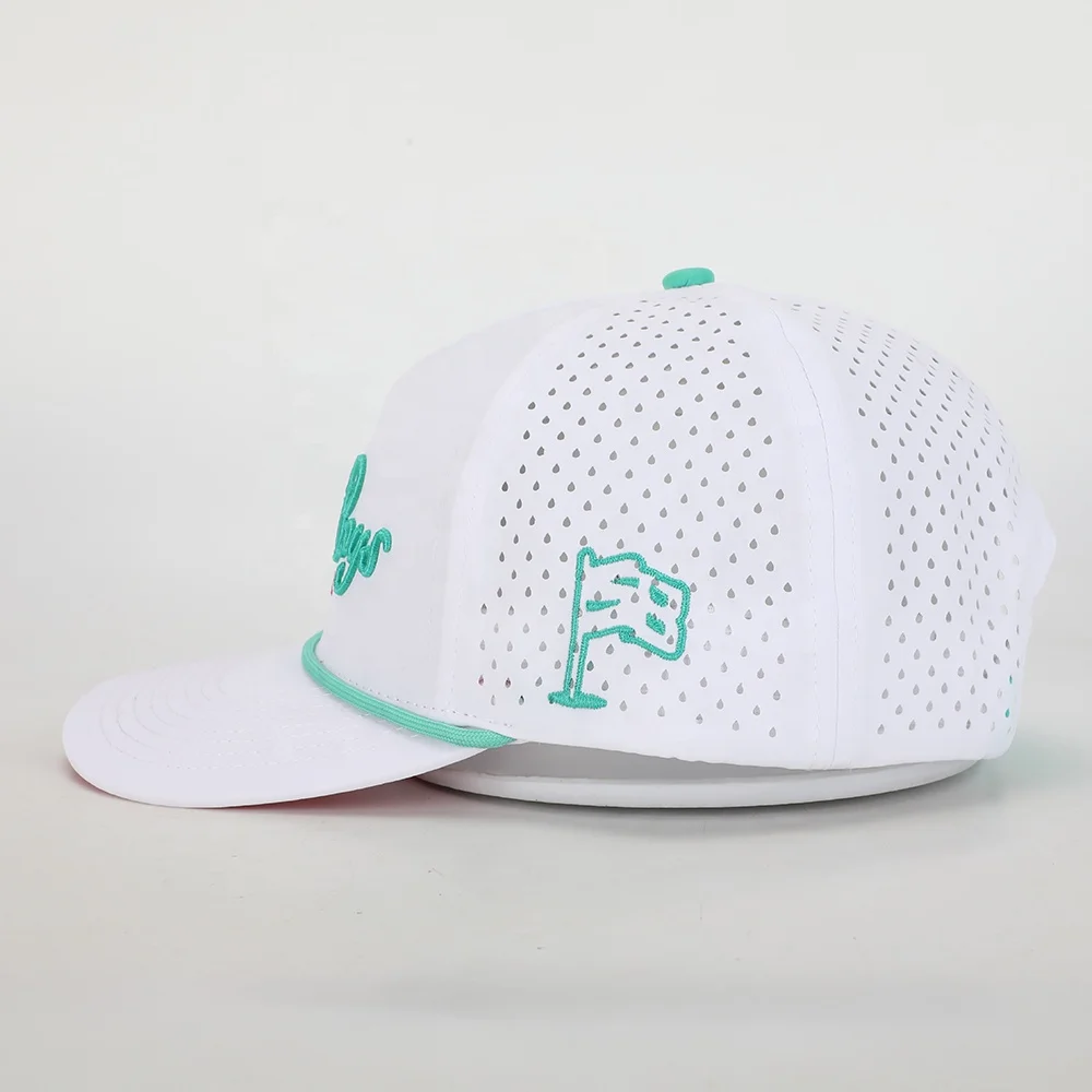 50個卸売カスタム高品質刺繍ロゴ5パネルスポーツゴルフハット、ホワイトポリエステルゴラス、レーザーカット穴野球帽