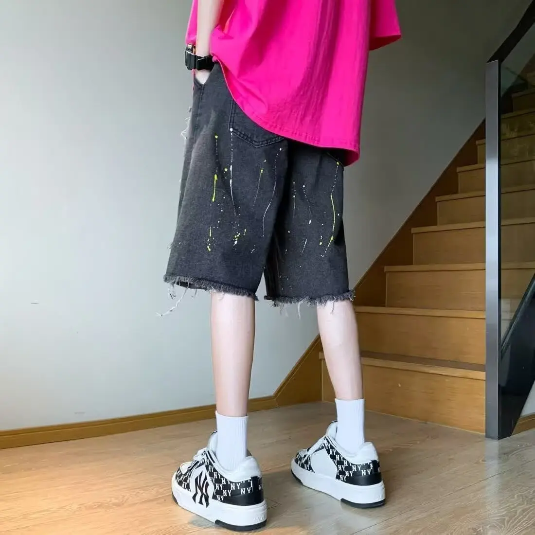 

Retro American Sle Men's Denim orts Summer Waed Faded Hole Punching Frayed Five-Quarter Length Loose Fit Youthful