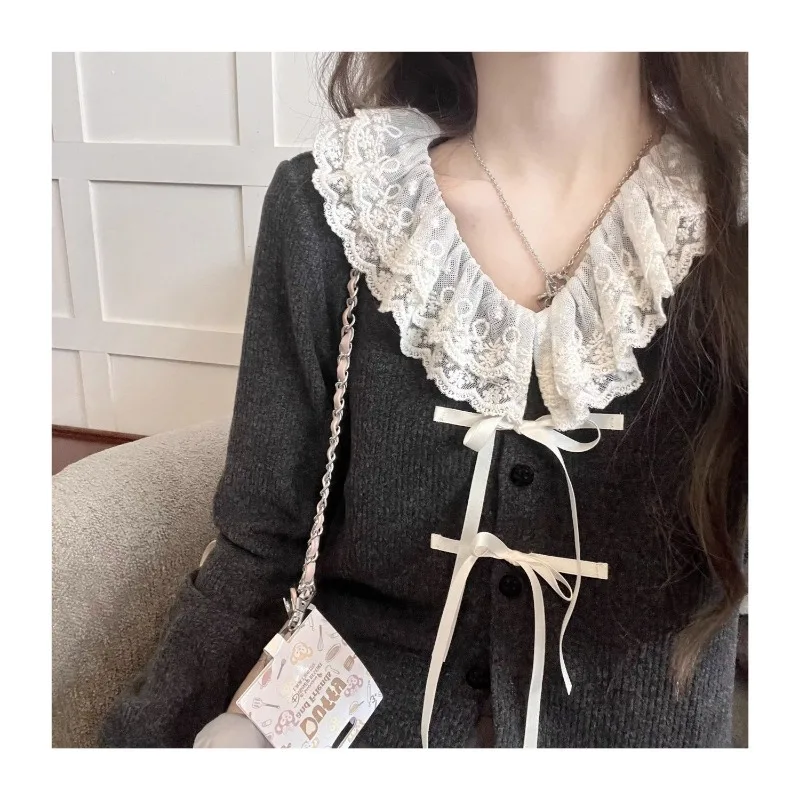 Deeptown Kawail Lace Up Knitted Cardigan Sweater Japanese Fashion Women\'s Aesthetic Knitwear Spring Cute Sweet Preppy Korean