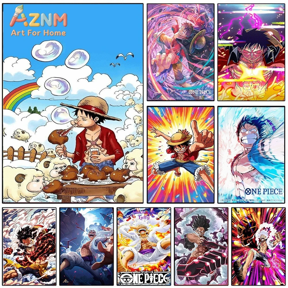 Cuadro de pared de lona con motivos de anime de One Piece, sin marco, con imágenes de Monkey D. Luffy comiendo carne, Gear 4, Boundman, Snakeman, Gear 5 y Nika, impresión de manga.