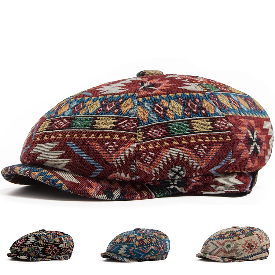 Ethnic Aztec Pattern Bohemian Newsboy Cap Vintage Geometric Flat Cap Men Women Berets Casual Peaked Ivy Cap Unisex Adjustable