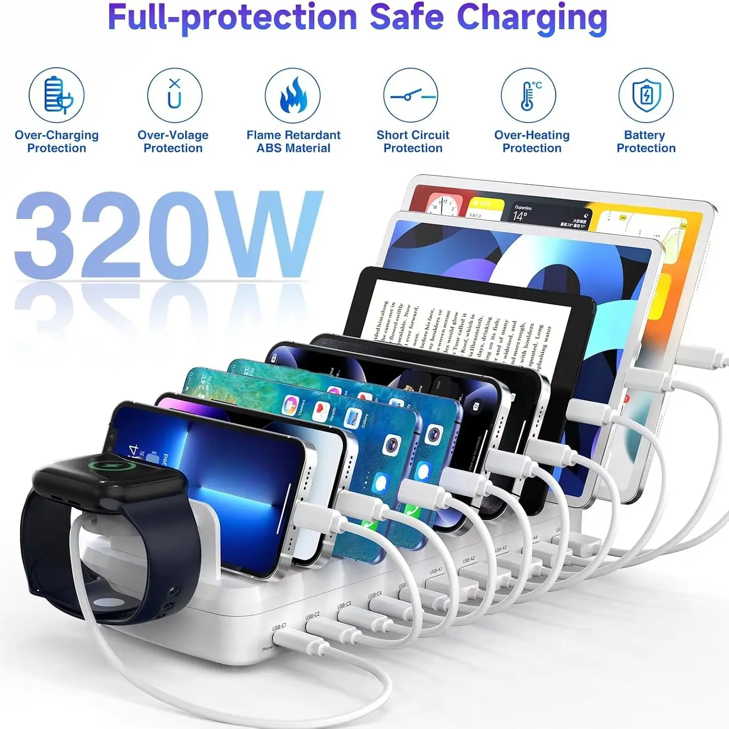 320W Charging Station for Multiple Devices, 10 Ports Fast Multi-Device Charger Organizer Compatible with MacBook Pro Laptop, iPhone, Android, Ipad, Tablet, Kindle, Family Multi-Device Charging Dock