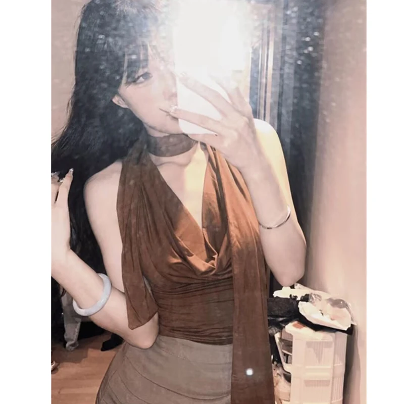 Ladies Elegant Draped V‑Neck Tank Top Sleeveless Scarf Collar Self‑Tie Ruched Cropped Vest Casual Evening Going‑Out Tops
