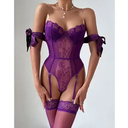 Sexy shapewear with butterfly bow and silk strap, sexy lingerie with stockings set  porno costume sexy women open  lace bodysuit