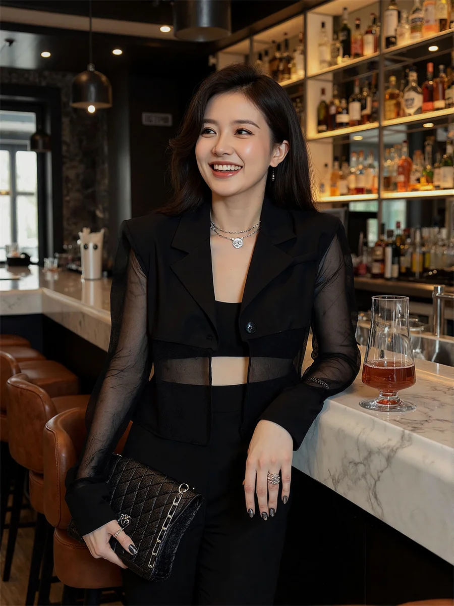 

Sun-proof Cropped See-through Back-Slit Blazers Elegant Woman Clothes For Women Oversized Cut Checkered Stitching Art Breathable