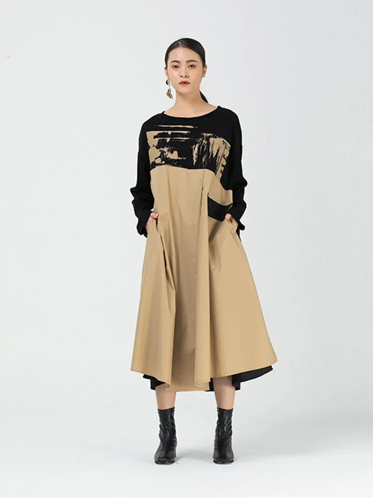 XITAO Vintage Graffiti Print Dress Women Fashion Long Sleeve Loose Stitching Irregular Dresses Women Spring XJ5095