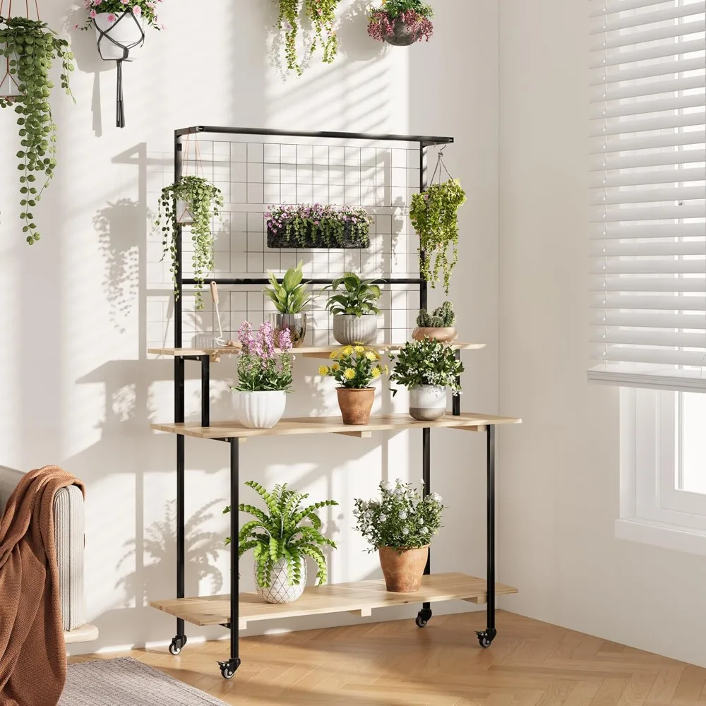 

3 Tier Large Plant Stand with Hanging Rod and Grid Panels, Heavy Duty Plant Shelf with Wheels, Indoor Outdoor Flowers Stand, Mu