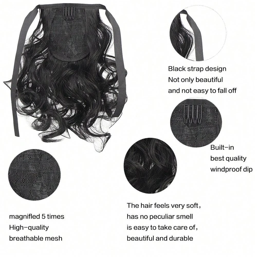 Extensiones de cola de caballo onduladas y rizadas con lazo de pelo envuelto alrededor, Clip sintético en extensiones de cabello, accesorios para el