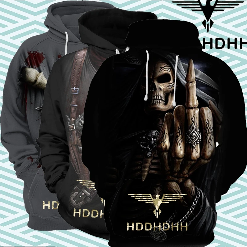 HDDHDHH 브랜드 프린트 3D 해골 프린트 남성용 비 플러시 풀오버 스웻셔츠 수트, 패션 고딕 운동복, 오버사이즈 후드