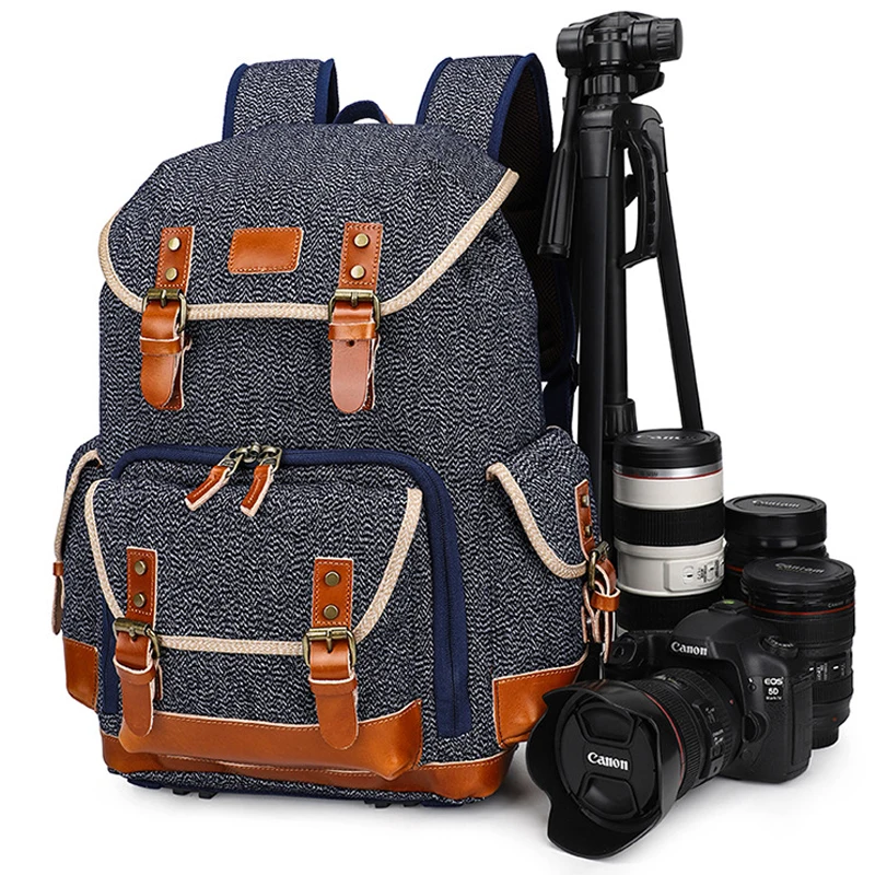 

Vintage Salt and Pepper Canvas Waterproof Photography Camera Backpack fit 15.4in Laptop w Tripod Band Men Retro Travel Bag