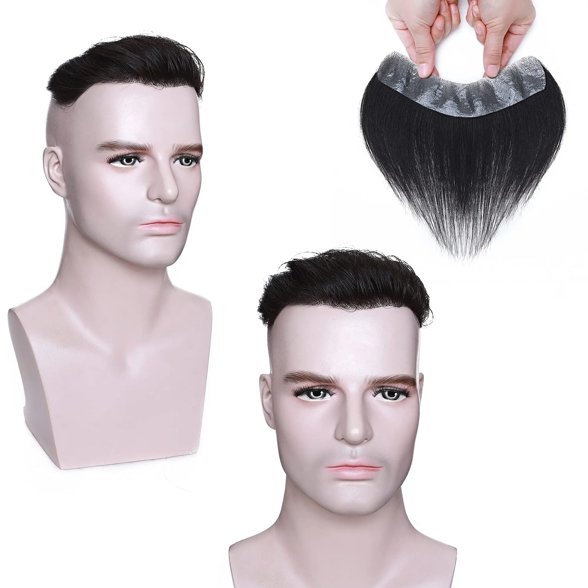 Hairline Toupee Frontal Hairpiece Men\'s Toupee 100% Human Hair System V-Shape Hairline Replacement System Natural Black Hair