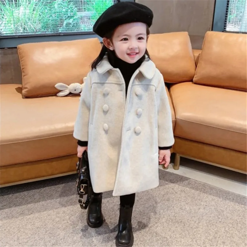 Winter Girl Baby Jacket Outdoor Cardigan Children\'s Medium Length Versatile Woolen Cotton Coat Thickened Double Breasted Jacket