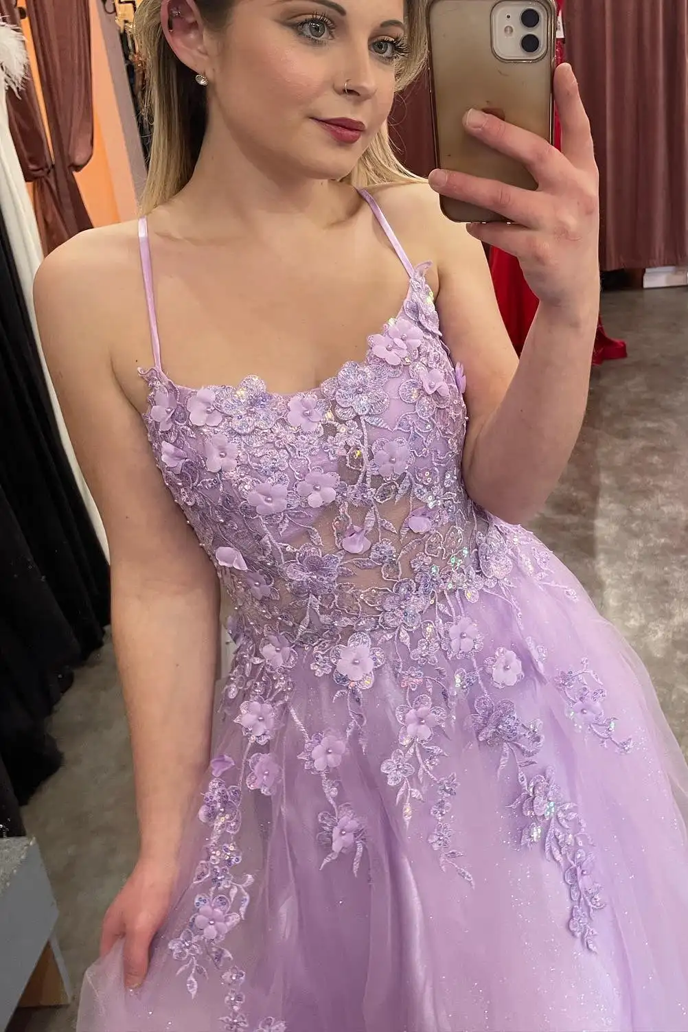 Lilac Prom Dresses Sparkly Bling Lace Applique Floral Illusion Formal Party Evening Gowns Graduation Dresses Custom made