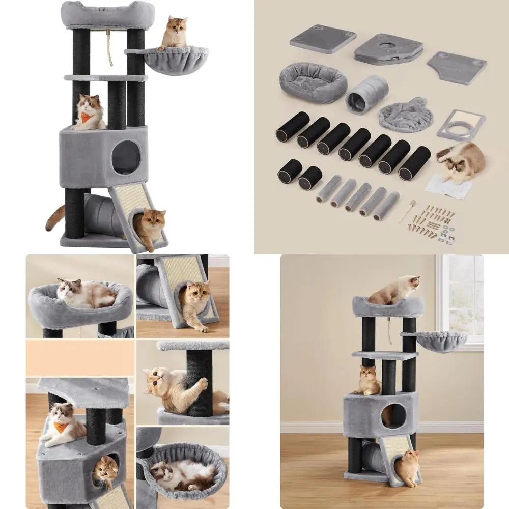 برج قطط كبير من القطيفة مع كرسي سلة، وكهف احتضان، وأوضاع ملفوفة سميكة لراحة إضافية